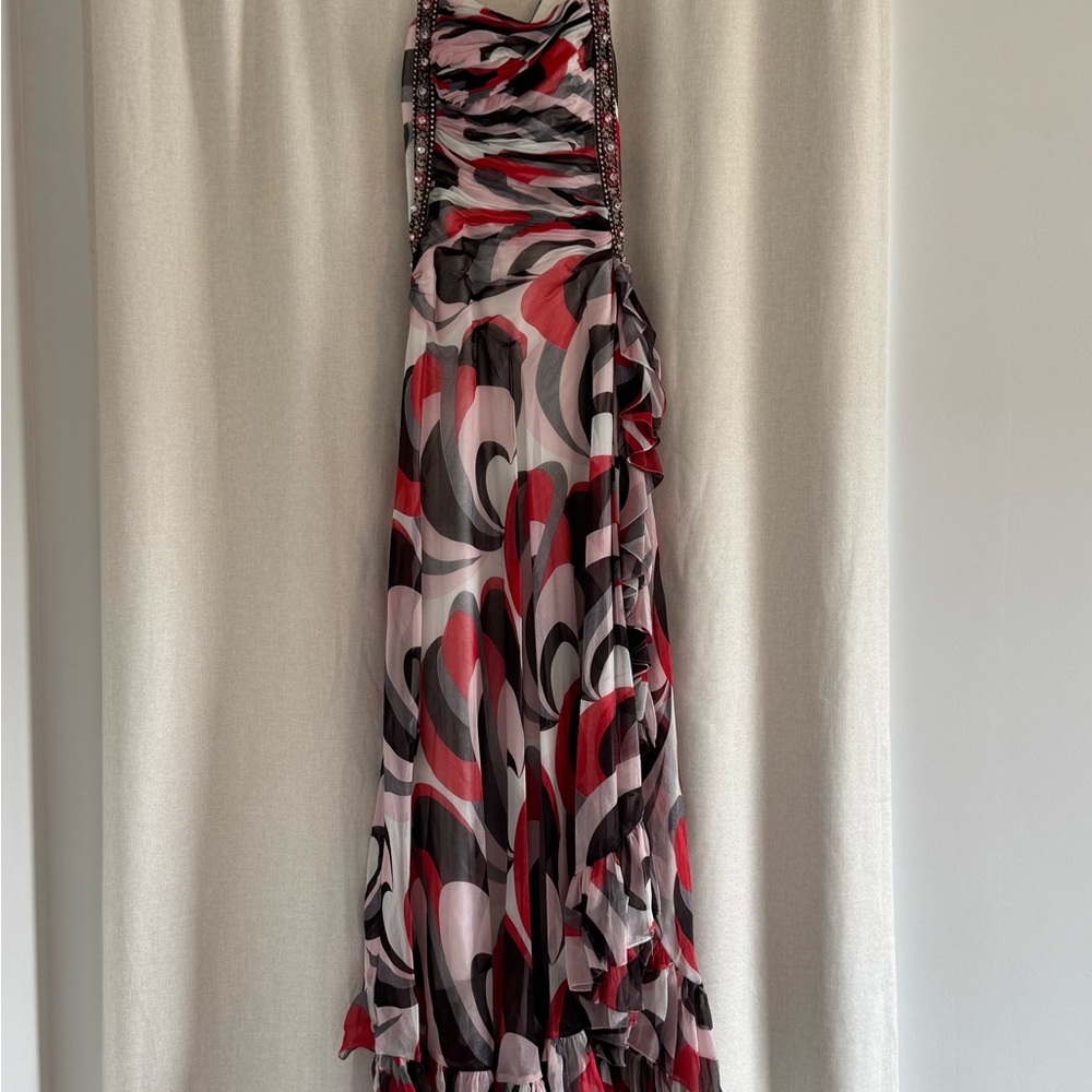 Red and Black Ruched Maxi Dress with Spaghetti Straps